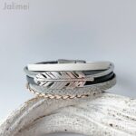 Lederarmband Feder grau weiß