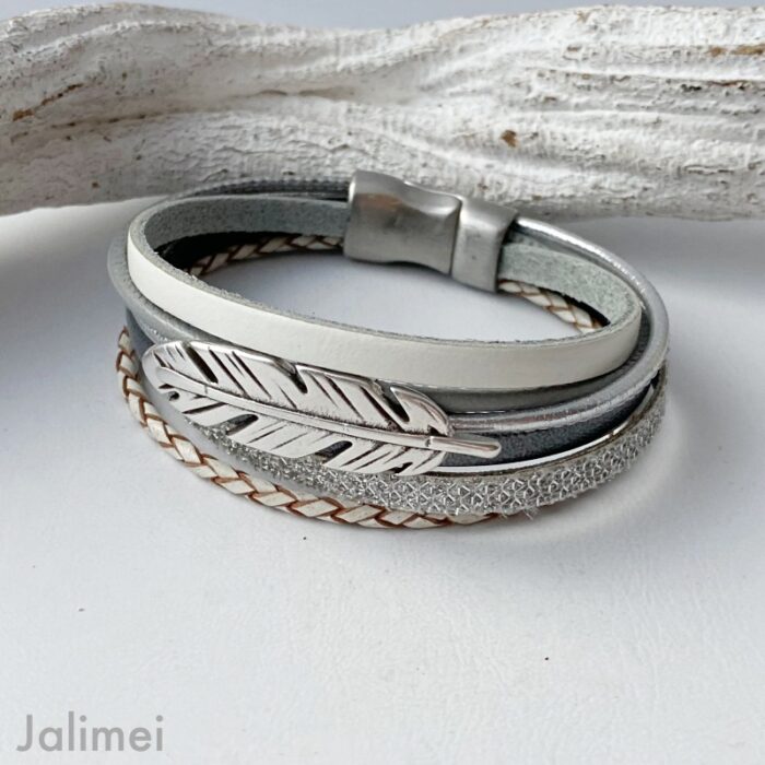 Lederarmband Feder grau weiß – Bild 2