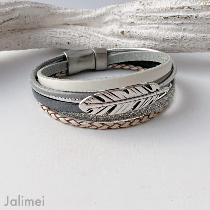 Lederarmband Feder grau weiß – Bild 3