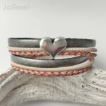 Wickellederarmband Herz rosa-grau