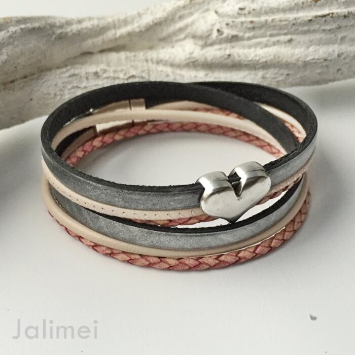 Wickellederarmband Herz rosa-grau – Bild 2