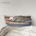 Lederarmband Feder blau-beige