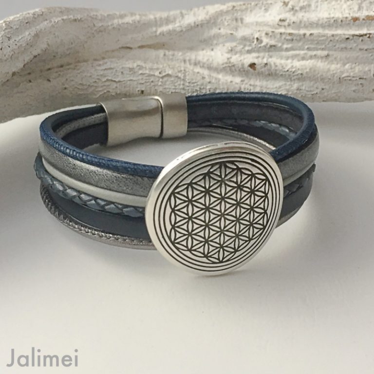 Lederarmband Blume des Lebens in blau-grau