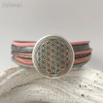 Lederarmband Blume des Lebens rosa-grau