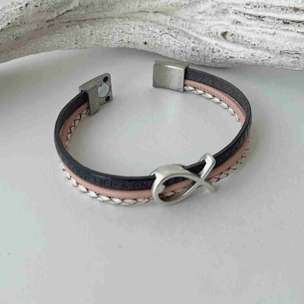 Armband mit Fisch Konfirmation in grau-rosa