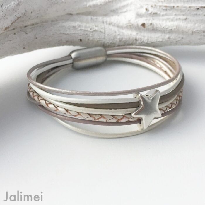 Lederarmband Stern taupe weiß – Bild 3