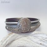 Lederarmband Scheibe Glitzer grau