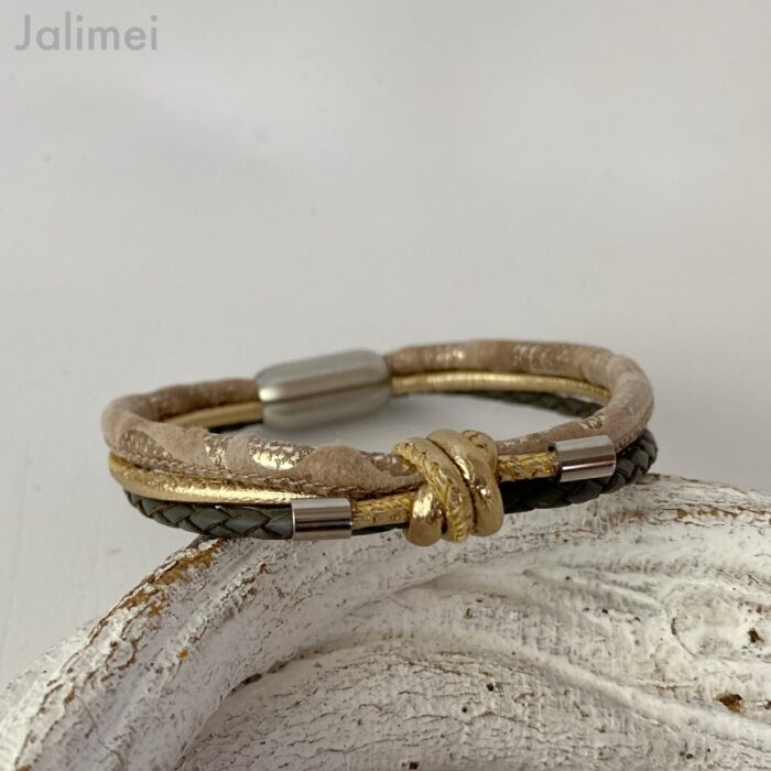 Lederarmband mit Knoten in beige grau