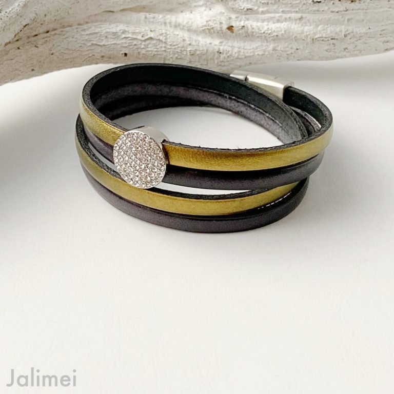 Wickellederarmband Glitzerstein in gold und anthrazit