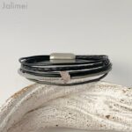 Lederarmband mit Ginkgoblatt in schwarz-grau