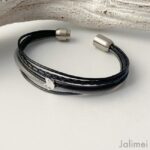 das Lederarmband Ginkgoblatt in schwarz-grau
