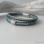Lederarmband mit Lotusblume in Petrol grau
