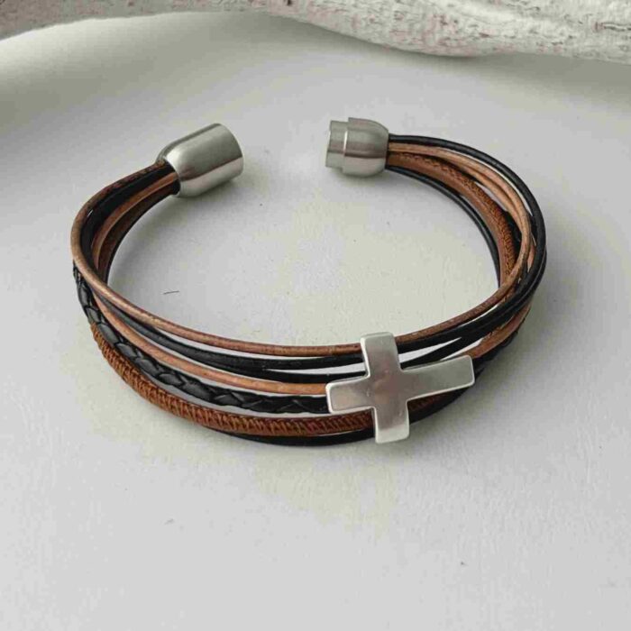 Armband mit Kreuz Konfirmation in schwarz-braun