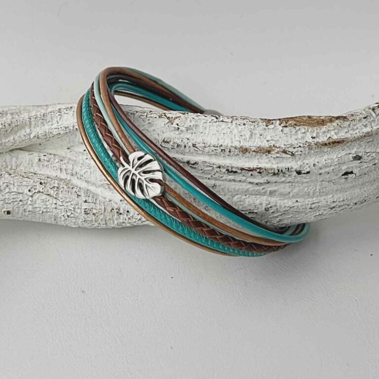 Lederarmband Monstera türkis braun
