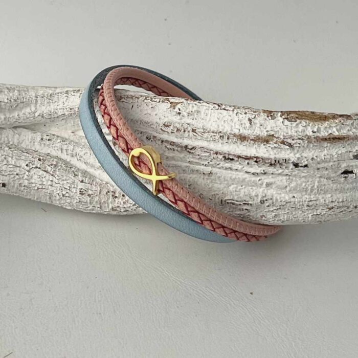 Armband mit Fisch Gold hellblau-rosa