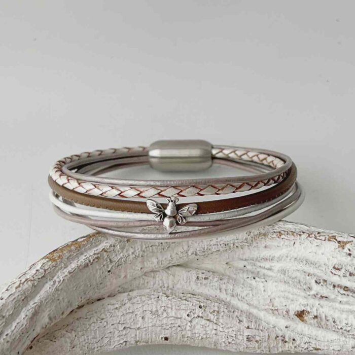 Lederarmband mit Biene taupe