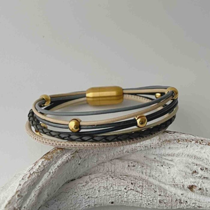 Lederarmband aus Nappa mit Gold grau beige