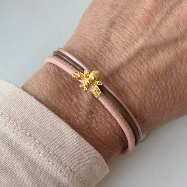 Lederarmband fein goldene Biene rosa
