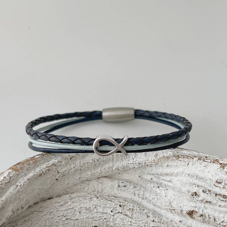 Leder Armband mit Fisch in schwarz oder blau