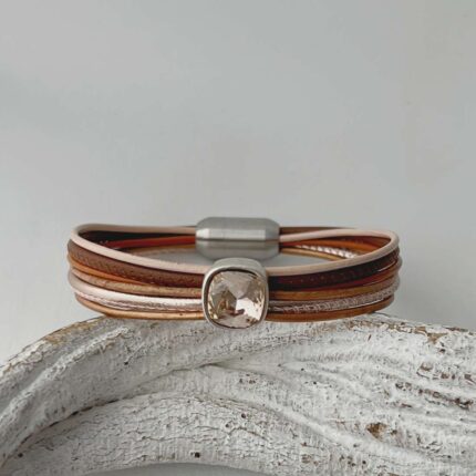 Lederarmband mit Glitzerstein beige-braun