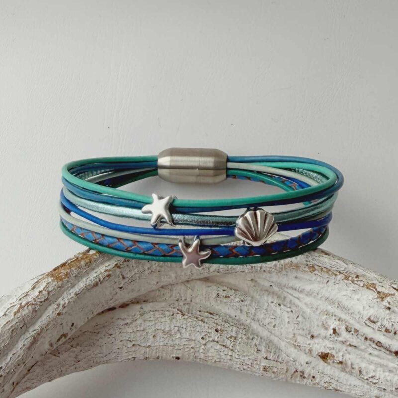 Lederarmband mit Muschel Seestern aqua